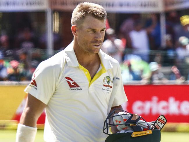 Australia's David Warner leaves the field after losing his wicket on the third day of the second cricket test between South Africa and Australia at St. George's Park in Port Elizabeth, South Africa, Sunday, March 11, 2018. (AP Photo/Michael Sheehan)