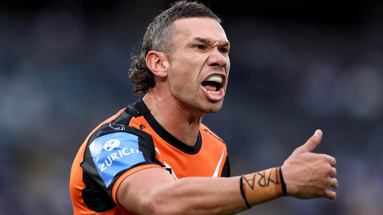 SYDNEY, AUSTRALIA - MAY 04: Brent Naden of the Tigers reacts during the round nine NRL match between Canterbury Bulldogs and Wests Tigers at Accor Stadium, on May 04, 2024, in Sydney, Australia. (Photo by Brendon Thorne/Getty Images)