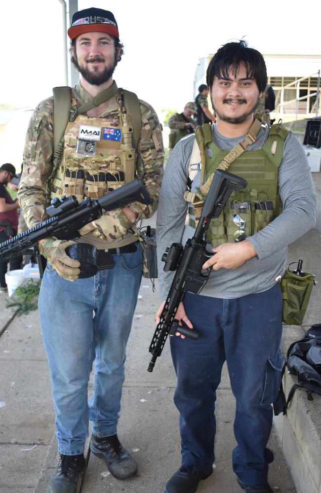 Timothy Jackson, of West Mackay and his mate Chain Petts, of Walkerston. Timothy got his friend into the sport. Both now own three gel blasters and Timothy also owns a gel pistol. They are decked out in vests holding magazines, which contain extra gel balls for when they need to reload. Photo: Janessa Ekert