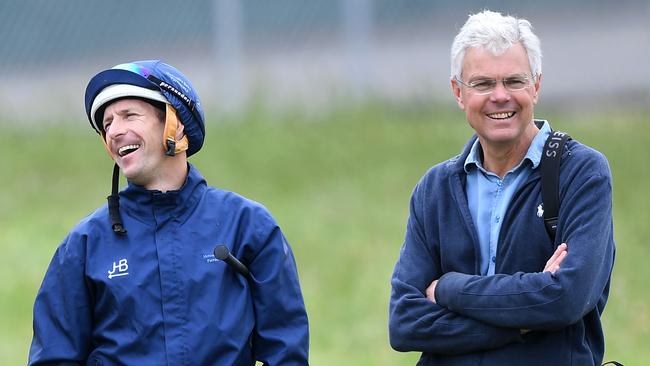 Hugh Bowman and trainer Hugh Morrison couldn’t be happier with Marmelo. Picture: AAP