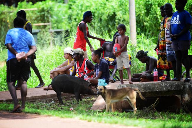 Local supporters congregate at the foot of their driveway ready for the grand final match as many thousands of spectators made the trip north for a mix of art and footy during this year's 49th Annual Tiwi Grand Final on Bathurst Island, 80km's north of Darwin, NT. Picture: Justin Kennedy