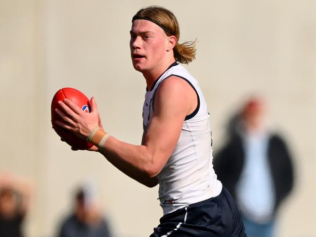 MELBOURNE, AUSTRALIA - JULY 16: Harley Reid of Vic Country runs with the ball during the 2023 U18 Boys Championships match between Vic Country and Vic Metro at Ikon Park on June 16, 2023 in Melbourne, Australia. (Photo by Morgan Hancock/AFL Photos via Getty Images)