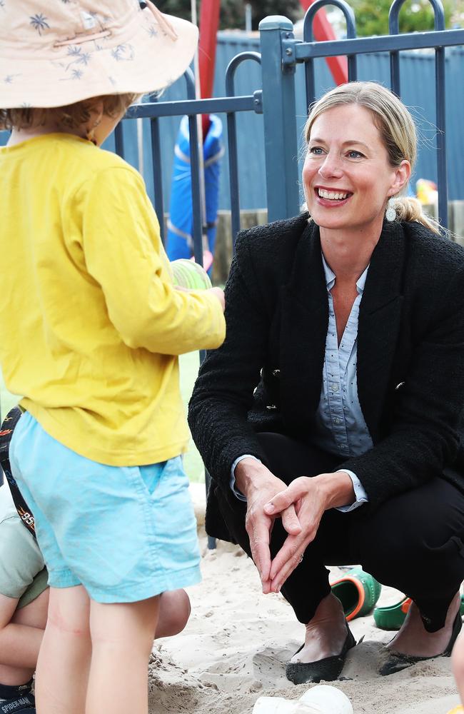 Labor leader Rebecca White at Cambridge Road Play & Learn Centre in Hobart with Noah Rice, 4. Picture: Nikki Davis-Jones