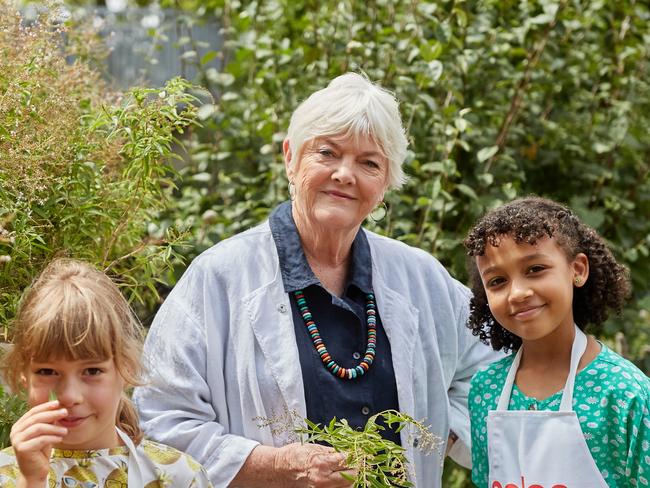 MELBOURNE, AUSTRALIA - FEBRUARY 12: Rennie, Stephanie Alexander & Ida  on February 12, 2020 in Melbourne, Australia. Coles and the Stephanie Alexander Kitchen Garden Foundation are partnering to help children access food education programs run in schools and early learning centres around Australia. (Photo by Kim Landy/Getty Images for Coles)