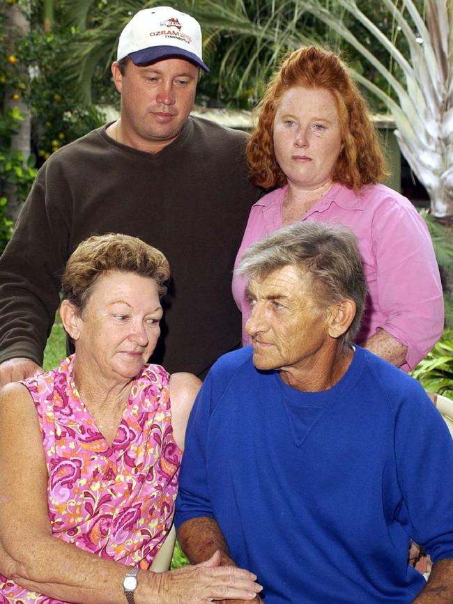 30 May 2003 Sassenach deckhand Ted Armfield, 61, (seated R) with his wife Adelyn and (children of missing boat skipper Ronald (Ron Ronny) David, 55, Peter David (top L) and his sister Shannan Castillo (top R) comfort each other after the sinking of the trawler. Pic Michael Chambers