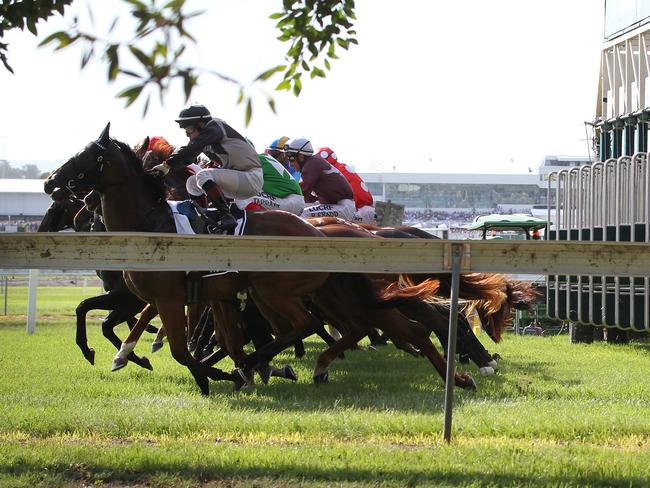 The field jumps in the $2 million Magic Millions Classic with last year’s winner Houtzen closest to camera. Picture: Mike Batterham