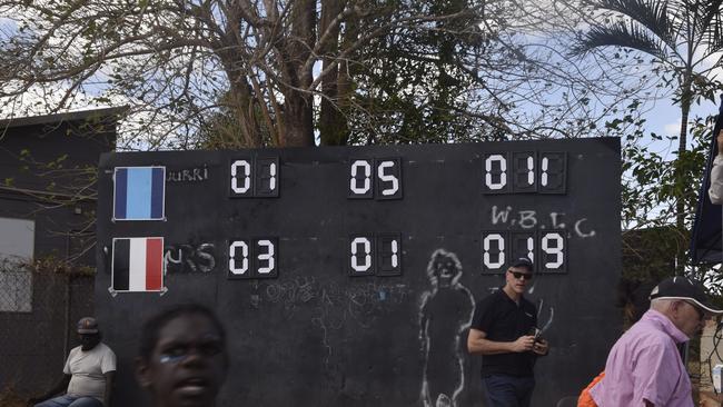 Quarter-time scoreboard at the Tiwi Island Football League grand final between Tuyu Buffaloes and Pumarali Thunder. Picture: Max Hatzoglou