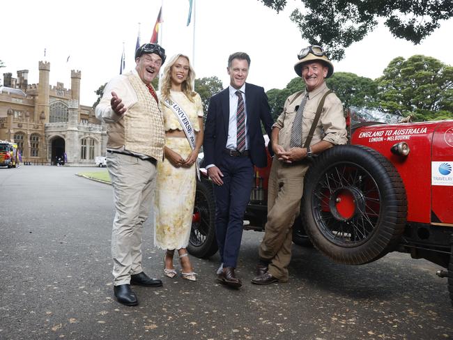 Matthew Benns, Miss Australia Zoe Creed, NSW Premier Chris Minns and Daily Telegraph cartoonist Warren Brown with the 1924 Bean which has driven from London to Sydney. Picture: Richard Dobson