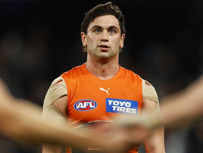 MELBOURNE, AUSTRALIA - JULY 24: Tim Taranto of the Giants looks dejected after the round 19 AFL match between the Carlton Blues and the Greater Western Sydney Giants at Marvel Stadium on July 24, 2022 in Melbourne, Australia. (Photo by Daniel Pockett/Getty Images)