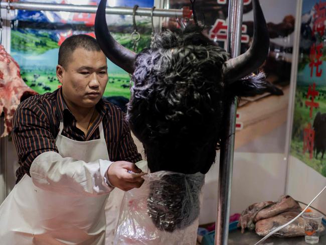 This picture taken on January 15, 2020 shows a butcher selling a yak's head to a customer (R) at a market in Beijing. - The World Health Organisation (WHO) said on January 20 it believed an animal source was the "primary source" of the outbreak, and authorities in the central Chinese city of Wuhan identified a seafood market in their city as the centre of the epidemic, but China has since confirmed that there was evidence the virus is now passing from person to person, without any contact with the now-closed market. (Photo by NICOLAS ASFOURI / AFP)