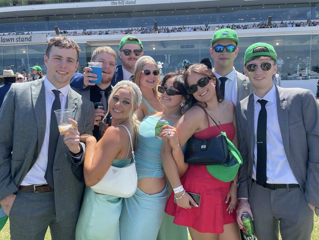 Annalise, Rylee, Bailey, Ava, Alyssa, Aaron, Brad and Declan at the 2024 Oaks Day. Picture: Himangi Singh.