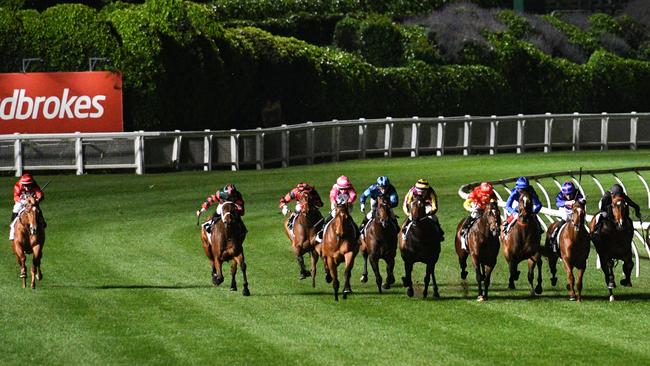 Brett Prebble easing down Brooklyn Hustle (far left) in the Moir Stakes. Picture: Getty Images