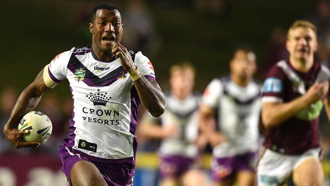 Melbourne winger Suliasi Vunivalu scored 133 SuperCoach points before halftime against Manly. Picture: AAP