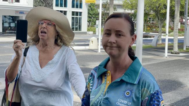 Ms D’Ath is forced to stop speaking while the woman addresses the cameras. Picture: Chris Calcino