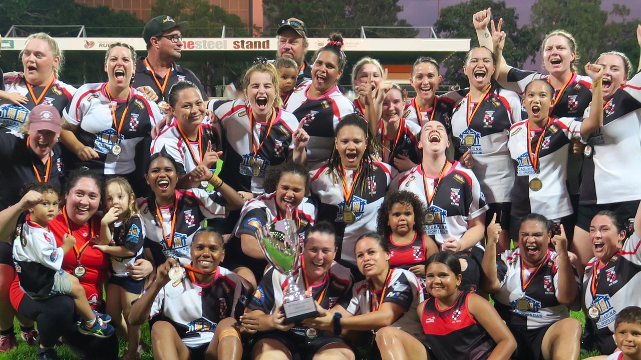 University Pirates celebrating their NTRU Women's Grand Final victory over the Darwin Dragons. Picture: Darcy Jennings.