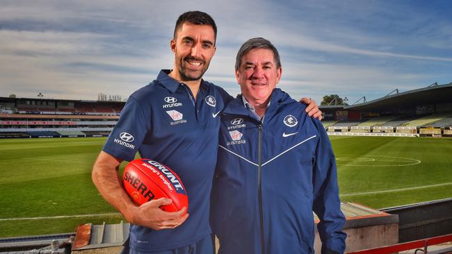 Carlton 300-gamer Kade Simpson and Shane O'Sullivan who recruited him at Ikon Park. Picture: Tony Gough