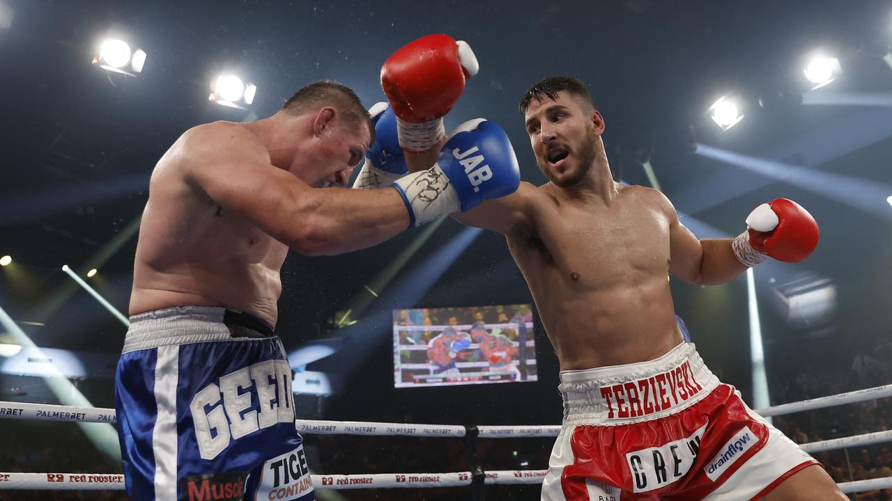 Kris Terzievski misses with a big right hand... Picture: Mark Evans/Getty Images