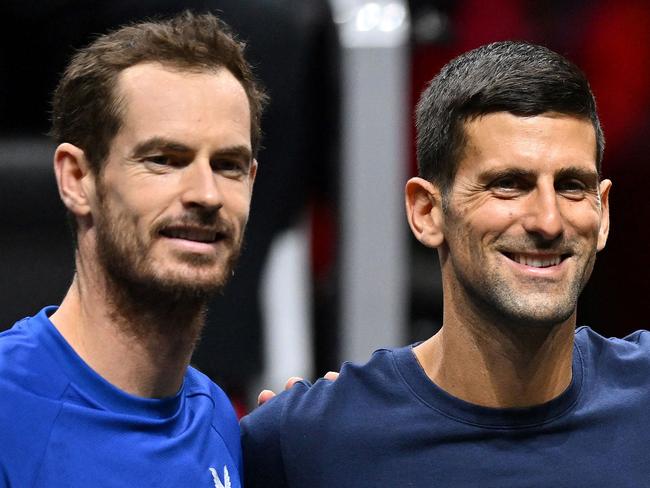 (FILES) (L-R) Britain's Andy Murray and Serbia's Novak Djokovic with (unseen) Switzerland's Roger Federer and Spain's Rafael Nadal pose during a Team Europe practice session ahead of the 2022 Laver Cup at the O2 Arena in London on September 22, 2022. Novak Djokovic announced on November 23, 2024, that his retired long-time rival Andy Murray is joining the 24-time Grand Slam-winning player's coaching team, starting at the Australian Open in January. (Photo by Glyn KIRK / AFP) / RESTRICTED TO EDITORIAL USE