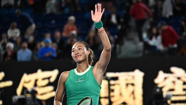 China's Zheng Qinwen celebrates victory over France's Oceane Dodin. Picture: AFP