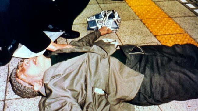 A man after he encounters the deadly gas on the subway. Picture: Kurita KAKU/Gamma-Rapho via Getty Images