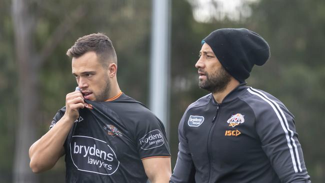 Luke Brooks (L) and Benji Marshall (R) steered the Tigers to two victories in the opening three rounds. Picture: AAP