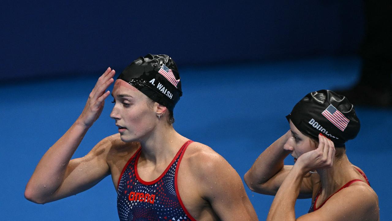 Alex Walsh (L) reacts after being disqualified in the final. Picture: Oli Scarff/AFP