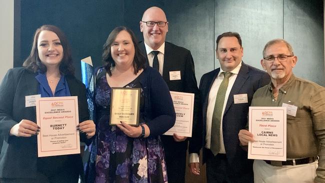 Mackay's Daily Mercury was well represented at the Queensland Country Press Association awards. Editor Rae Wilson is pictured (second from left) with the award for the publication's My Town series which won the Best Promotion category. Picture: Tara Miko