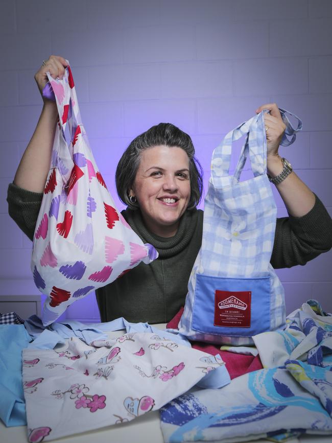 Kerryn Ladell with cloth Boomerang Bags. Picture: Wayne Taylor