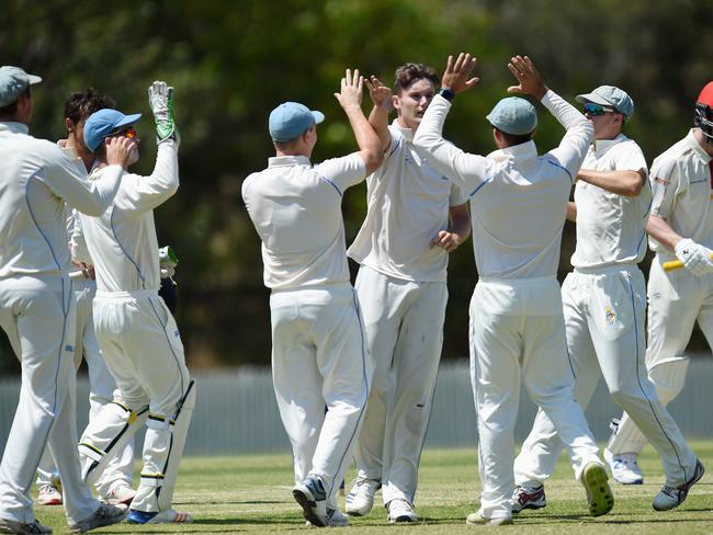 Kann and teammates celebrate the early wicket of Nick Selman. Picture: Lawrence Pinder