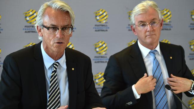 FFA chief executive David Gallop and chairman Steven Lowy front the media after a new voting congress wasn’t agreed to. Picture: AFP