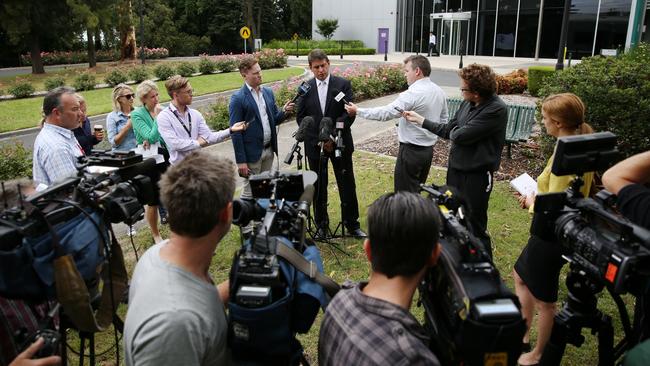 Bailey speaking to the media about alleged doping in the industry at Racing Victoria headquarters. Picture: Brendan Francis