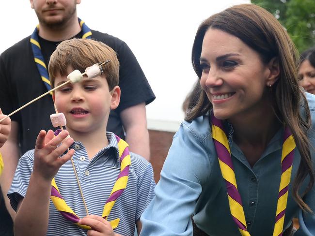 Prince Louis of Wales and Catherine, Princess of Wales toast marshmallows as they take part in the Big Help Out, during a visit to the 3rd Upton Scouts Hut in Slough on May 8, 2023. Picture: Getty