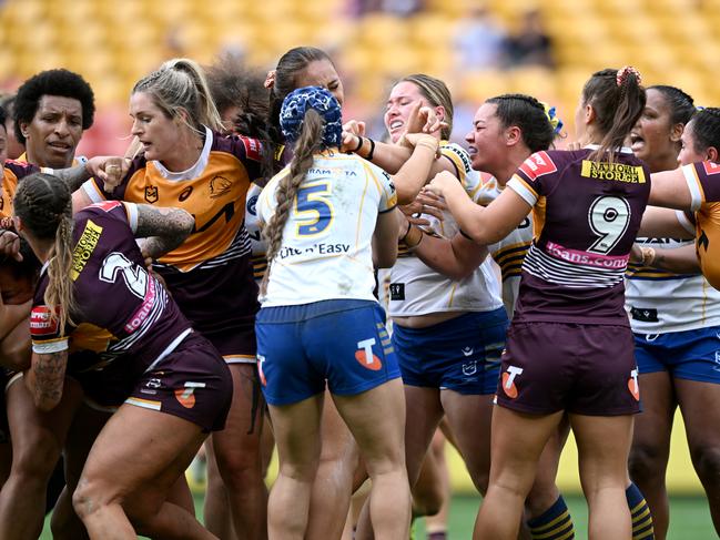 Eels and Broncos NRLW players get in a fight. Picture: NRL Imagery