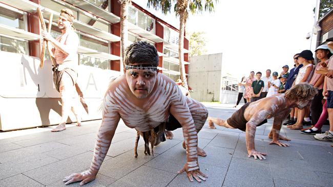 Aboriginal dancers from "Connected men's group" at unveiling of new sign at Mona Vale Library in 2018. Picture: Adam Yip / Manly Daily