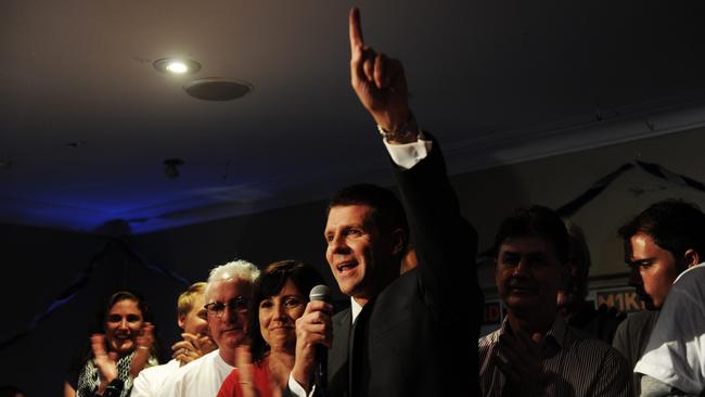 Mike Baird celebrates the success of the Liberal Party with family and supporters at the North Manly Bowling Club a the 2011 NSW election.