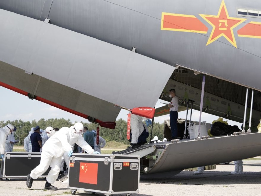 Chinese troops unload equipment from a Y-20 plane in Moscow on August 9, 2021. Picture: Liu Yi/Xinhua via Getty Images