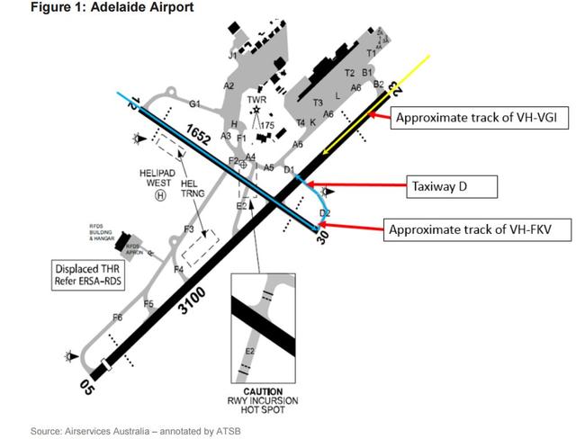 The Alliance plane (blue) mistakenly crossed the path of the Jetstar Airbus (yellow) that was 30 seconds from touchdown, the report found. Picture: Airservices Australia/ATSB