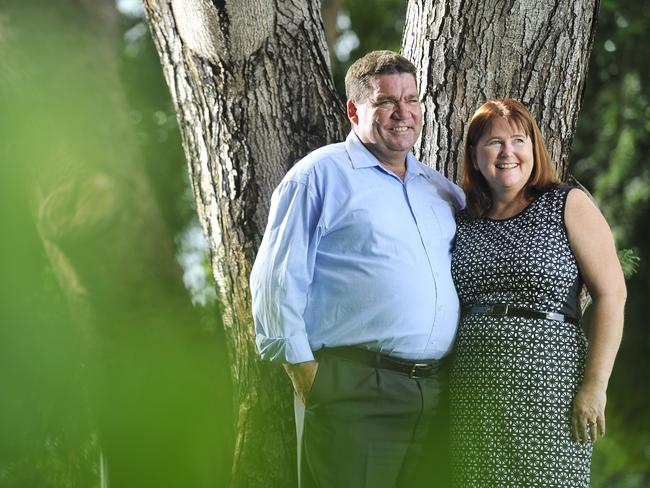 Labor's candidate for Blain Geoff Bahnert and his wife Sue Moore outside of Parliament House.