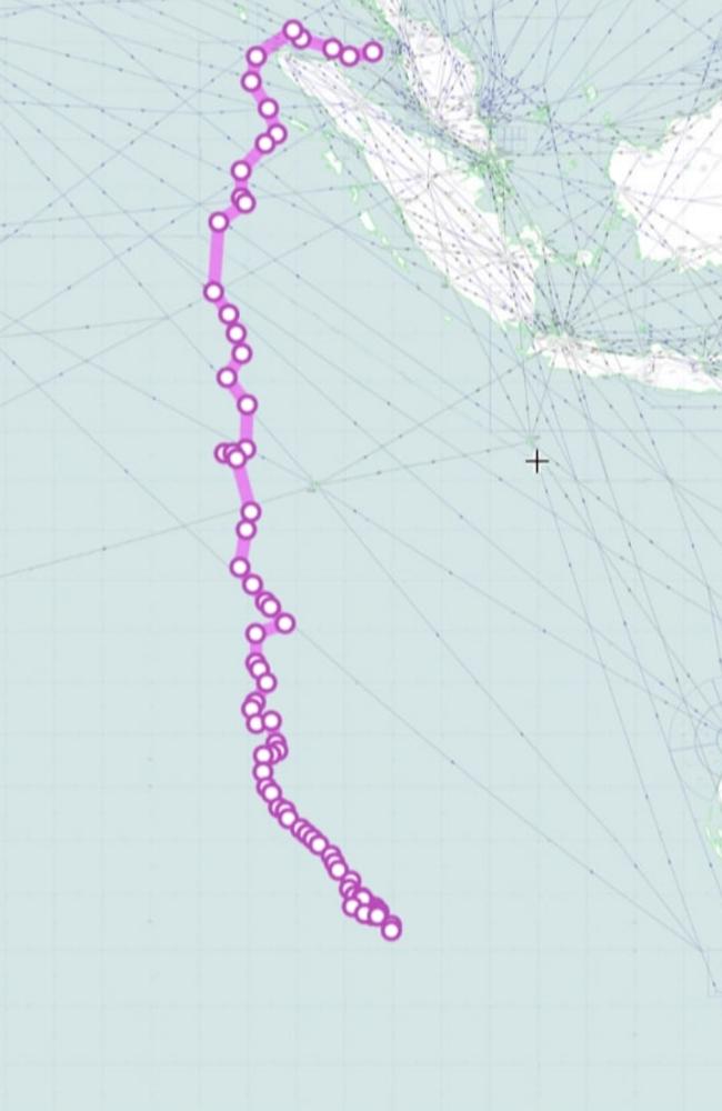 Estimated MH370 flight path, with the island of Sumatra in the top right. Picture: Supplied