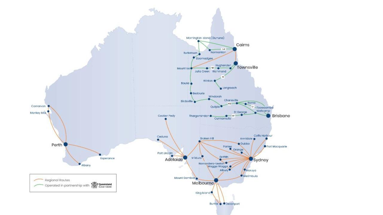 A map showing Rex Airlines' routes, with green lines showing the routes the Queensland Government subsidises. Picture: Rex Airlines