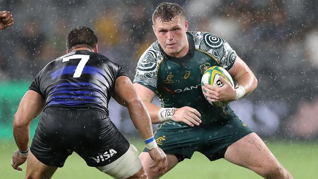 Angus Bell in action during the 2020 Tri-Nations match between the Australian Wallabies and the Argentina Pumas . He was one of four members of the 2019 Junior Wallabies to go on to make his senior Test debut the following year. Picture: Getty Images