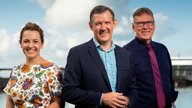 The NT’s major party leaders, from left, Opposition Leader Lia Finocchiaro, Chief Minister Michael Gunner, and Territory Alliance leader Terry Mills. Picture: Che Chorley