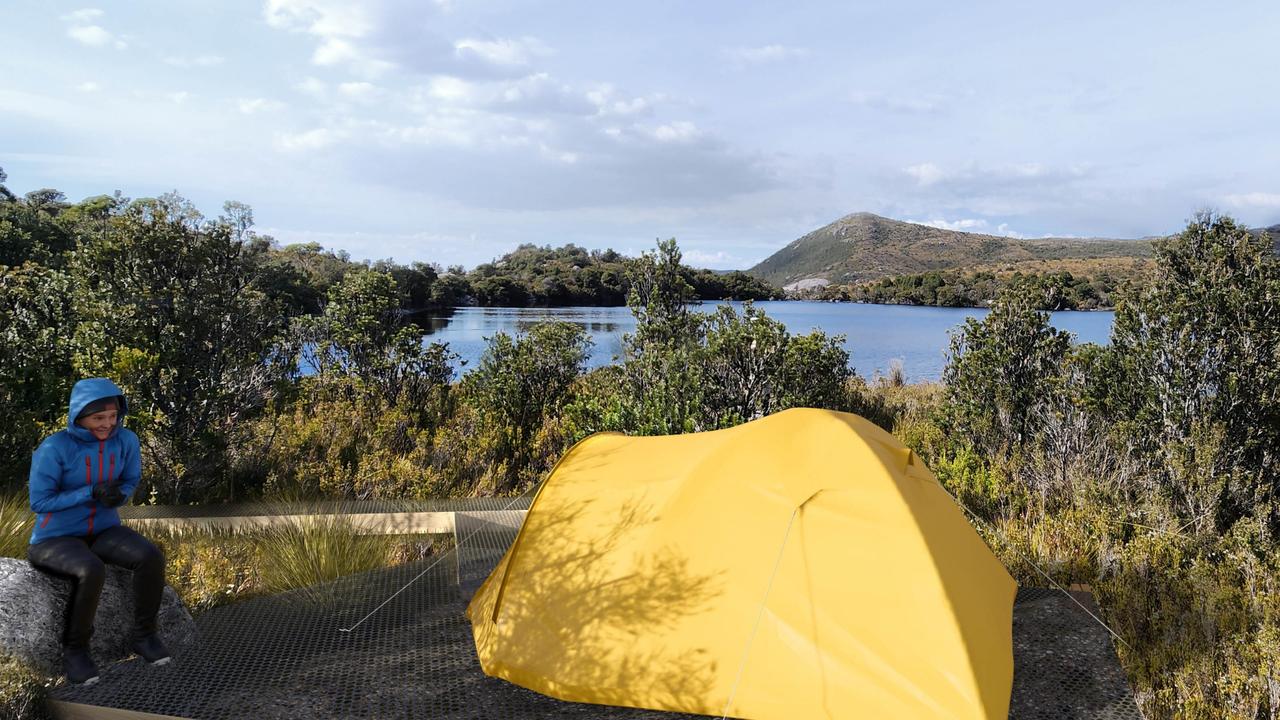 Artist’s impression of a camper at Lake Malcolm on the proposed Next Iconic Walk near the Tyndall Range. Picture: Supplied/JAWS Architects