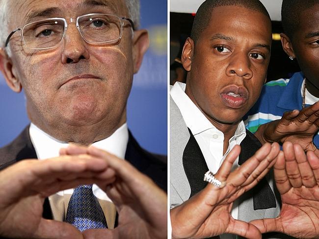 Malcolm Turnbull vs Jay-Z pulling an ‘illuminati’ hand sign. (Composite image). Picture: Stefan Postles/Getty Images