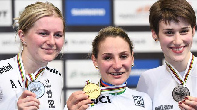 Australia’s Stephanie Morton with Kristina Vogel on the podium at this year’s world championships. Vogel has beaten Morton for gold at the past two world titles. Picture: Emmanuel Dunand (AFP).