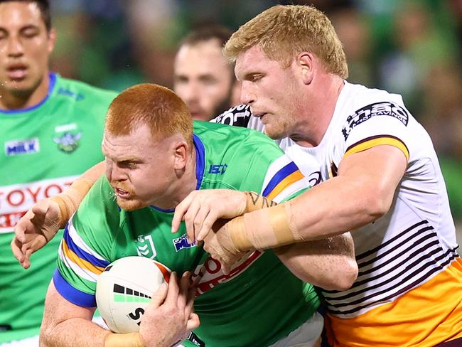 CANBERRA, AUSTRALIA - AUGUST 26: Corey Horsburgh of the Raiders is tackled during the round 26 NRL match between Canberra Raiders and Brisbane Broncos at GIO Stadium on August 26, 2023 in Canberra, Australia. (Photo by Mark Nolan/Getty Images)