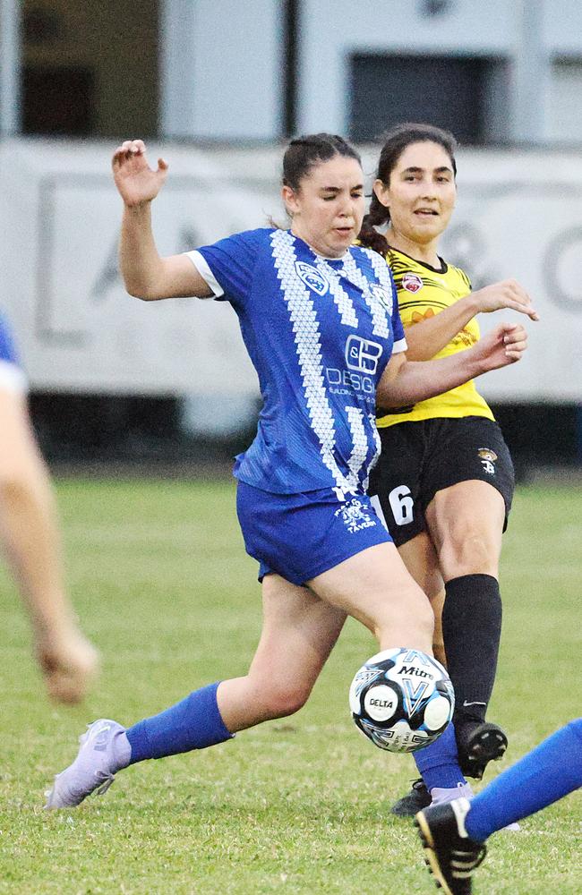 Stephanie Luyt and Thais Stella contests the ball in the Kappa Queensland Cup Round 5 regional women's match between the Edge Hill Tigers and Townsville Brothers, held at Tiger Park, Manunda, Cairns. Picture: Brendan Radke