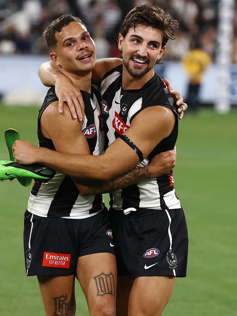 Josh Daicos (right) celebrates the win with Bobby Hill. Pic: Michael Klein