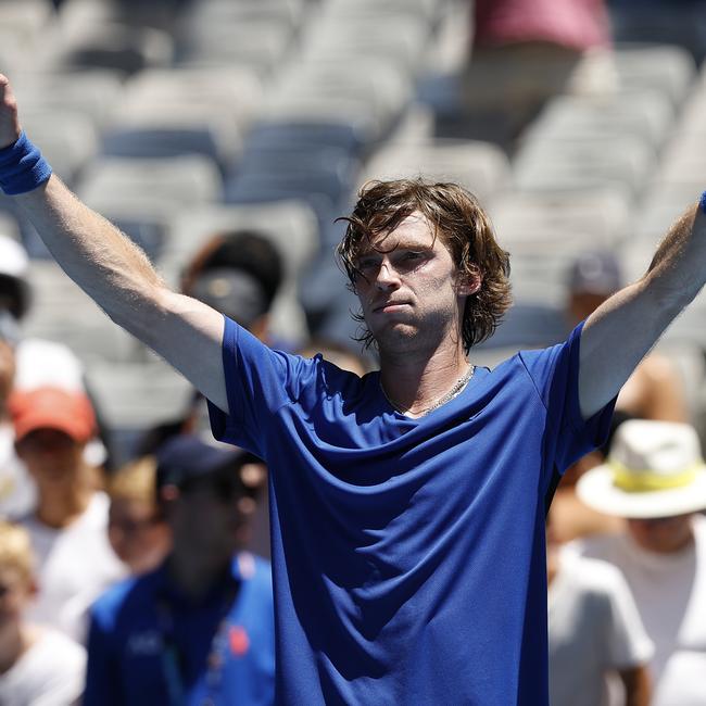 Andrey Rublev enjoys his win over Dominic Thiem.