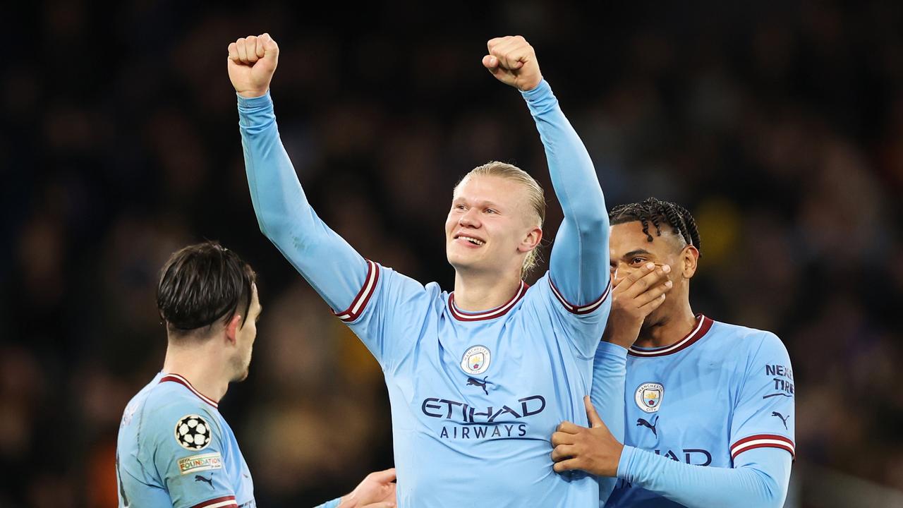 MANCHESTER, ENGLAND - APRIL 11: Erling Haaland of Manchester City celebrates alongside teammate Manuel Akanji after the team's victory in the UEFA Champions League quarterfinal first leg match between Manchester City and FC Bayern MÃ&#131;Â¼nchen at Etihad Stadium on April 11, 2023 in Manchester, England. (Photo by Catherine Ivill/Getty Images)